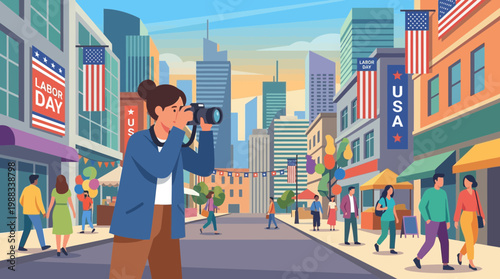 Photographer capturing Labor Day celebration on busy city street