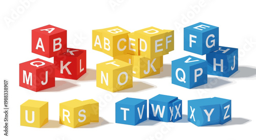 Alphabet blocks arrangement in primary colors, educational and developmental learning concept
