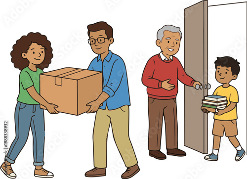 Vector illustration of a person helping another climb up steps, symbolizing support, trust, and teamwork.