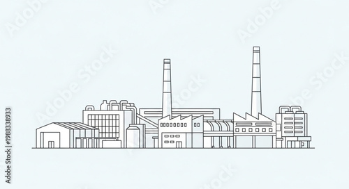 Industrial factory building with tall chimneys in a line drawing.