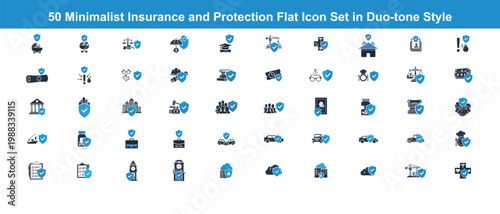50 minimalist insurance and protection flat icon set in duo-tone style.