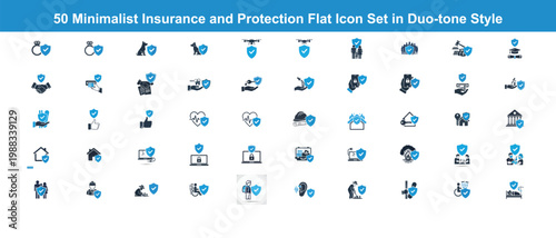50 minimalist insurance and protection flat icon set in duo-tone style.