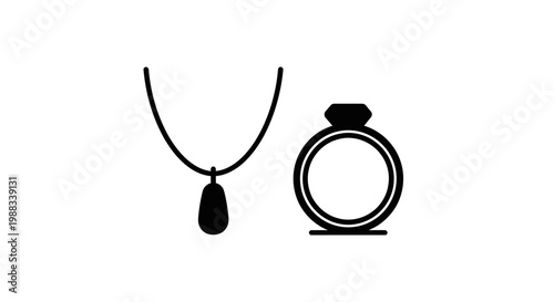 Minimalist jewelry illustration depicting a necklace and ring on a white backdrop