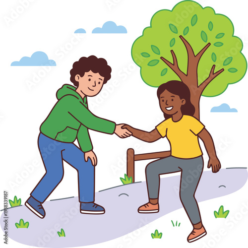 Vector illustration of a person helping another stand up outdoors, symbolizing kindness, friendship, and support in a natural setting.