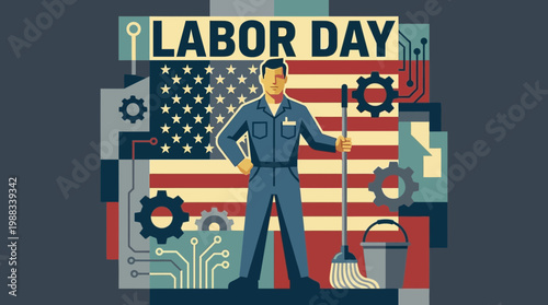 Labor Day celebration illustration with worker and American flag