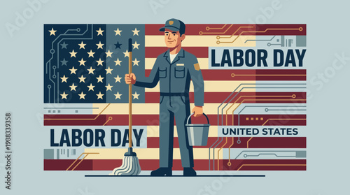 Labor Day Illustration with Service Worker and American Flag