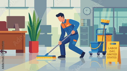 Professional Janitor Cleaning Modern Office Floor Illustration