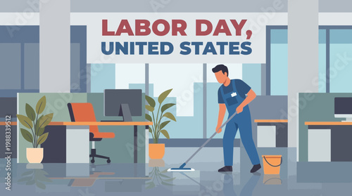 Labor Day United States illustration with worker mopping office floor