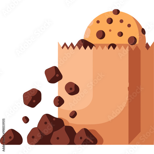 Chocolate chip cookies spill out of a brown paper bag outdoors.