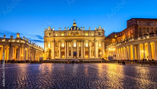 Illuminated facade of a grand basilica at twilight, featuring columns and a plaza, reflecting the city's golden light