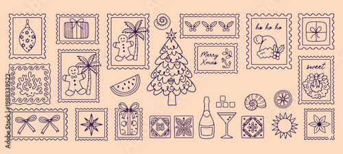 Winter holiday icon collage set, Christmas theme doodle collection, gingerbread and tree line art, festive seasonal graphic elements, purple holiday icon illustrations, hand drawn winter celebration a