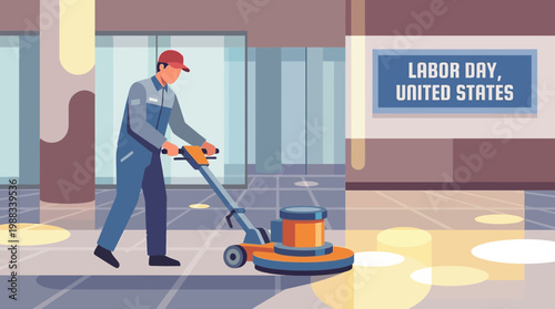 Labor Day Illustration of Janitor Cleaning Office Floor Machine