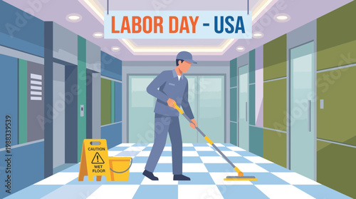Labor Day USA illustration with janitor mopping office hallway floor