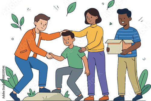 Vector illustration of a group of people supporting and helping a child climb over rocks while another person carries a box, representing teamwork, care, and community support.