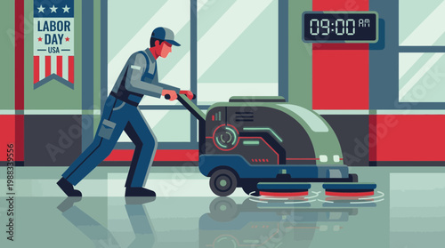 Janitor operating industrial floor scrubber machine in commercial office