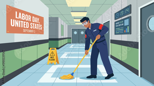 Labor Day United States Illustration with Janitor Cleaning Hallway