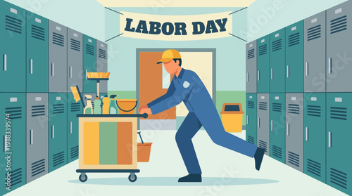 Labor Day Illustration Janitor Pushing Cleaning Cart in Locker Room
