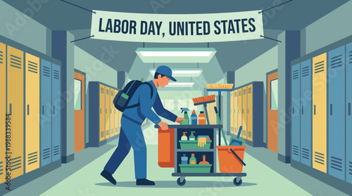 Labor Day United States Illustration with Janitor Cleaning School
