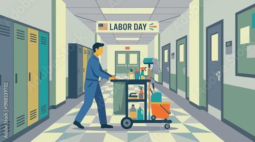 School Janitor Pushing Cleaning Cart in Hallway with Labor Day Banner