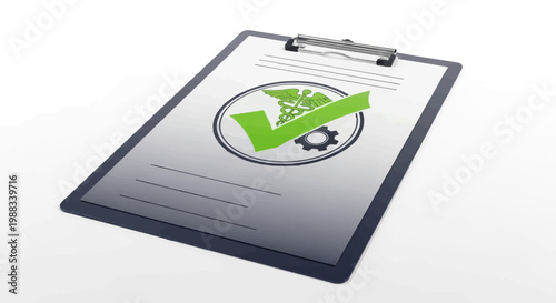 Medical healthcare approved check mark and gears symbol on a clipboard isolated on white