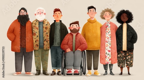 Wallpaper Mural Diverse group portrait of friends and disabled community members standing together, inclusive illustration showing a person in a wheelchair, warmth, friendship and accessibility for all ages Torontodigital.ca