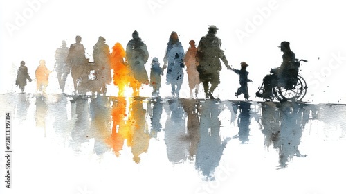 Wallpaper Mural Inclusive community walking together with child and person in wheelchair in watercolor silhouette and reflection Torontodigital.ca