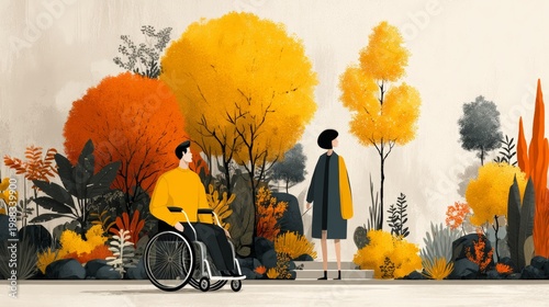 Wallpaper Mural Wheelchair user and companion enjoying accessible autumn park stroll together conveying inclusion and friendship in nature Torontodigital.ca