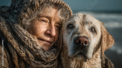 Wallpaper Mural Senior woman with her wet dog on a winter beach, warm companionship and quiet affection between elderly owner and loyal canine companion Torontodigital.ca