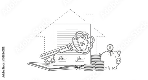 Illustration of a house key, piggy bank, and coins representing real estate investment.
