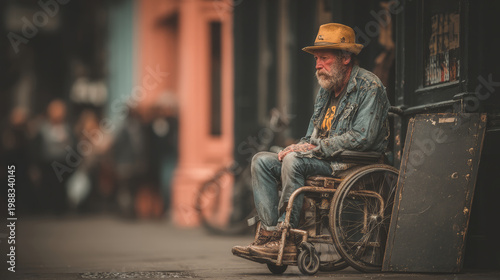 Wallpaper Mural Elderly homeless man in wheelchair wearing a hat and worn denim jacket sitting on a city sidewalk looking thoughtful and weathered urban portrait Torontodigital.ca