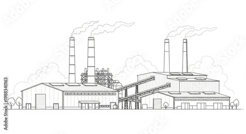 Industrial factory with smoking chimneys and conveyor belts.