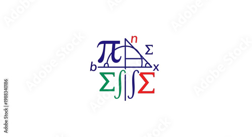Abstract mathematical illustration featuring fundamental symbols and equations on a white background
