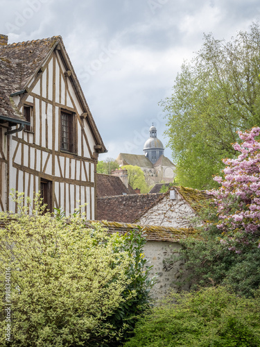 A timeless glimpse into rural France, where rustic timber-framed houses meet soft spring blooms under a moody sky. The delicate pink blossoms and fresh greenery contrast beautifully with centuries-old