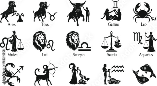 Zodiac signs silhouette set, black astrology symbols collection, horoscope icons grid, spiritual vector illustration, isolated on white background design sheet