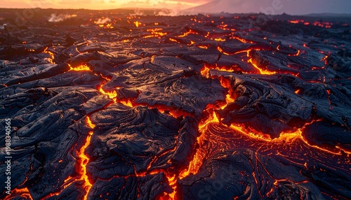 Volcanic Lava Field Close-Up Texture.Sharp crack formations with subtle heat glow, abstract nature background.