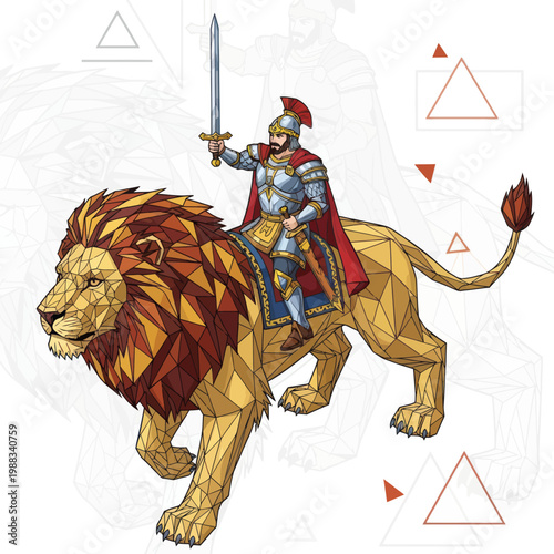 Medieval Knight Riding Lion with Sword.