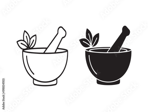 Hand drawn illustration of mortar and pestles with botanical elements black and white