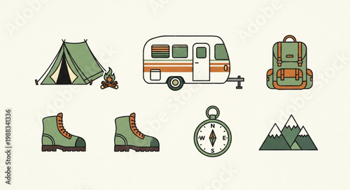 Camping and outdoor adventure equipment icons set.