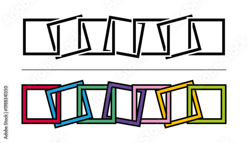 Abstract overlapping square frames in monochrome and colorful geometric interlocking arrangement.