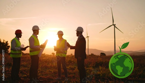 Group of diverse engineers discuss a project on a green field, overlooking wind turbines and a sunset. A green earth graphic is in the foreground