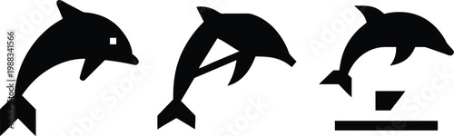 Set of Three Minimalist Black Dolphin Silhouettes Jumping Vector Illustration, Abstract Geometric Dolphin Icons for Modern Branding and Marine Graphic Design