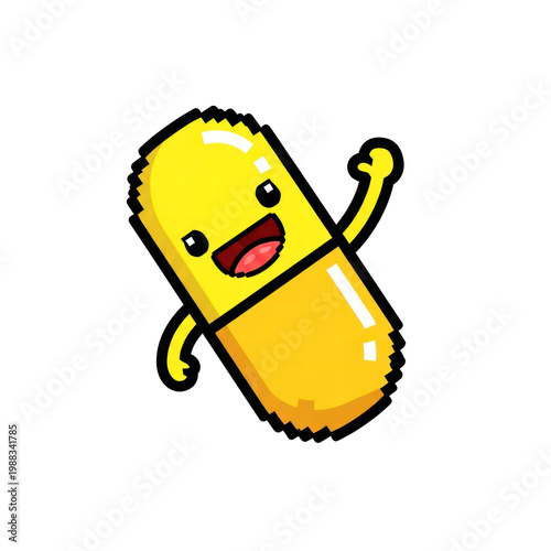 Happy cartoon yellow pill character waving