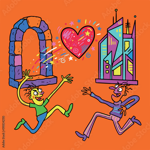Cartoon Figures Chasing Love and City Dreams