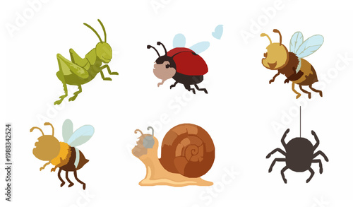 Funny insect cartoon collection vector grasshopper bee ladybug snail kids set
