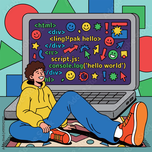 Programmer with Laptop Coding 'Hello World'