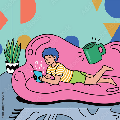 Boy Relaxing on Couch with Tablet