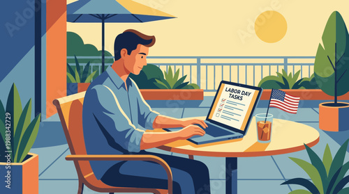 Man Working Remotely on Laptop During Labor Day Celebration