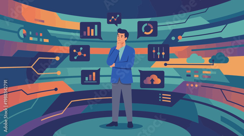 Businessman analyzing data on a futuristic digital dashboard