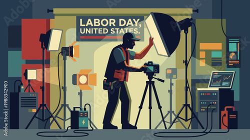 Technician Setting Up Photography Studio for Labor Day Production