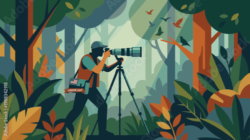 Wildlife Photographer Using Tripod in Colorful Forest Illustration